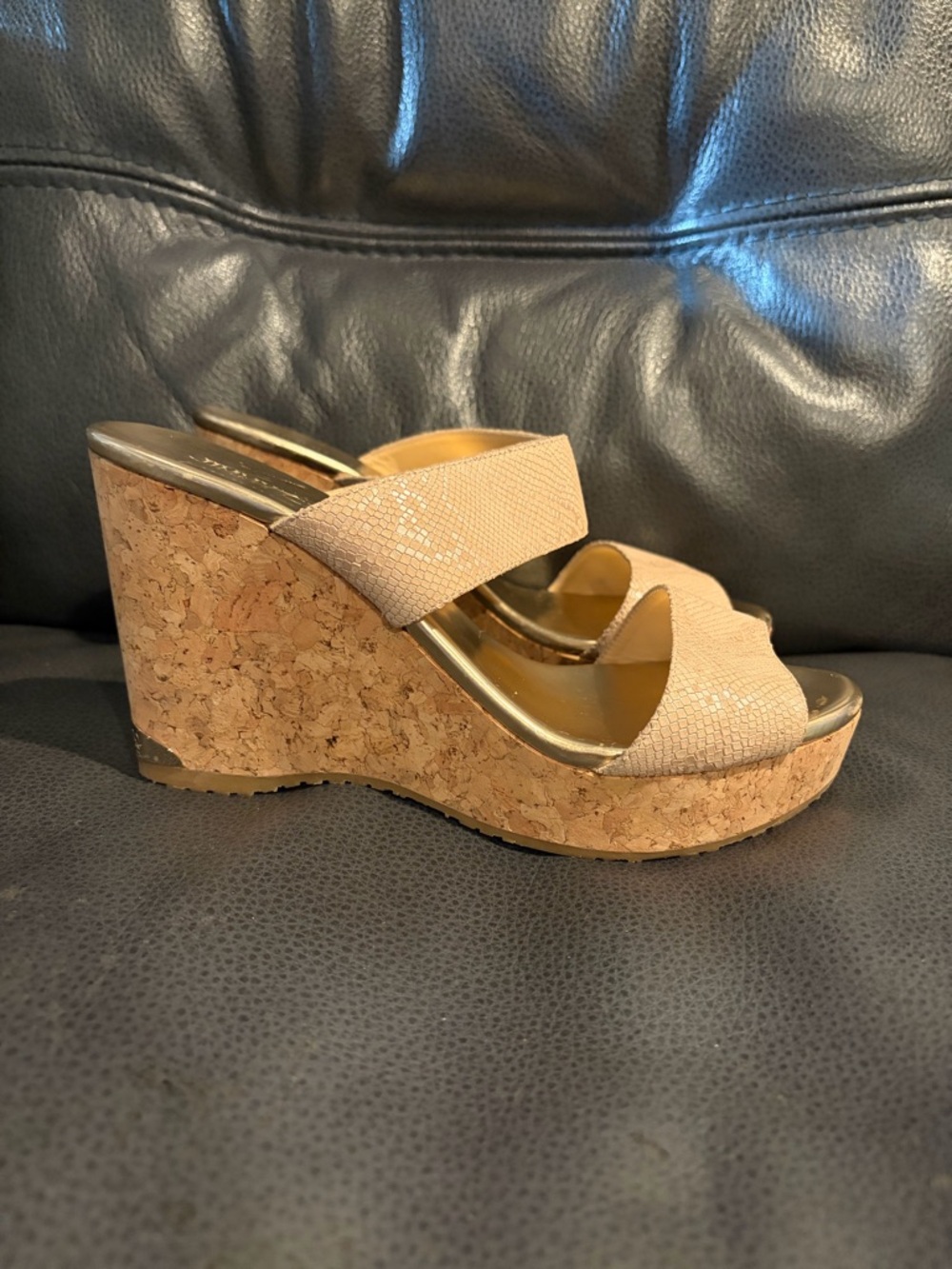 Jimmy Choo Beige Textured Leather Cork Wedge Slides - Picture 2 of 12